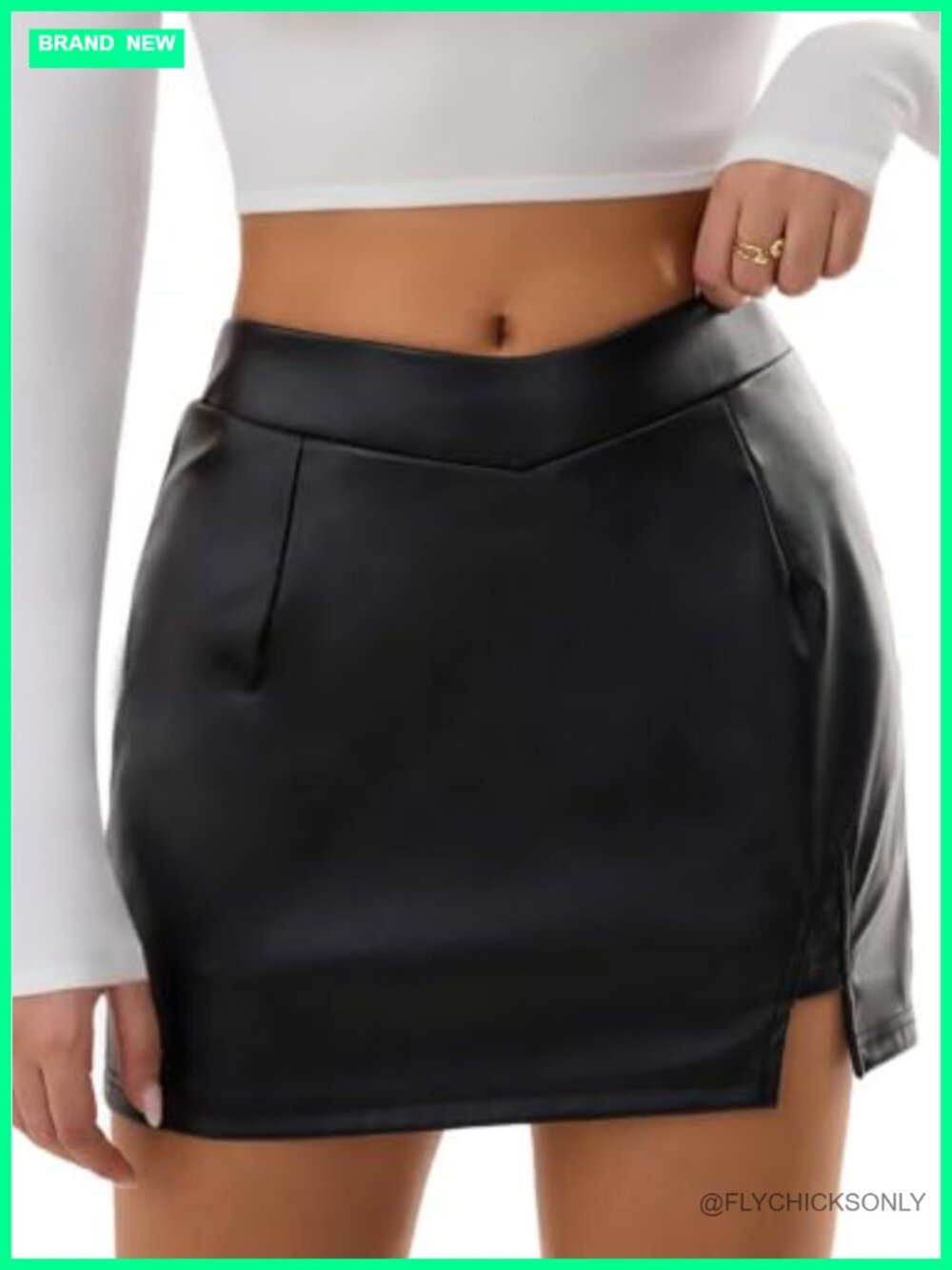 Women's Faux Leather Slit Bodycon Skirt - V-Waist Party Mini Skirt